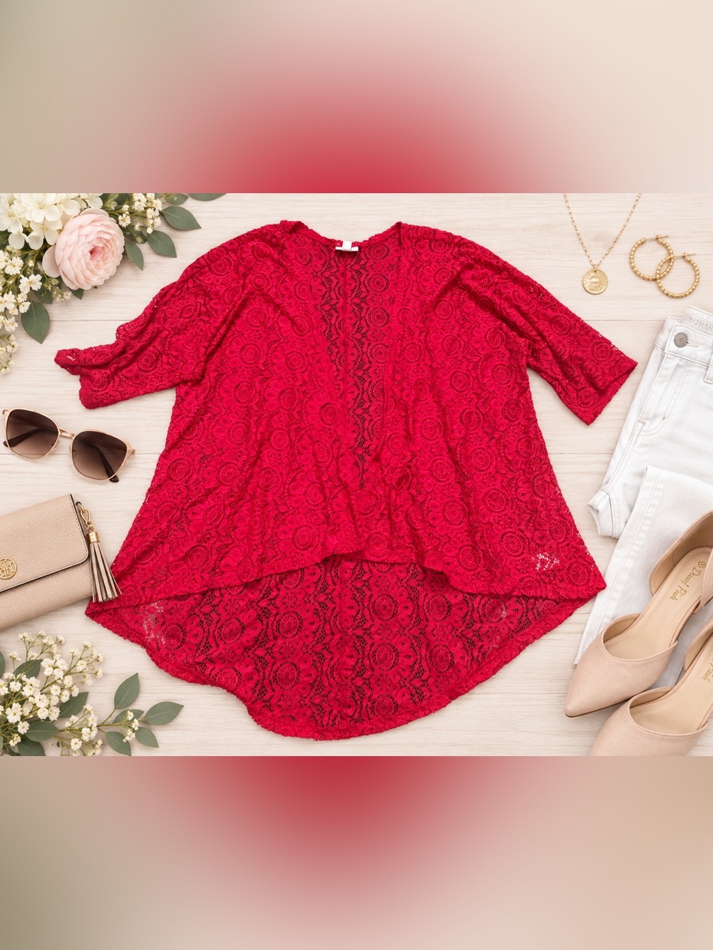 LuLaRoe Lindsey Red Floral Lace Kimono Cardigan Women’s Medium Layering Piece